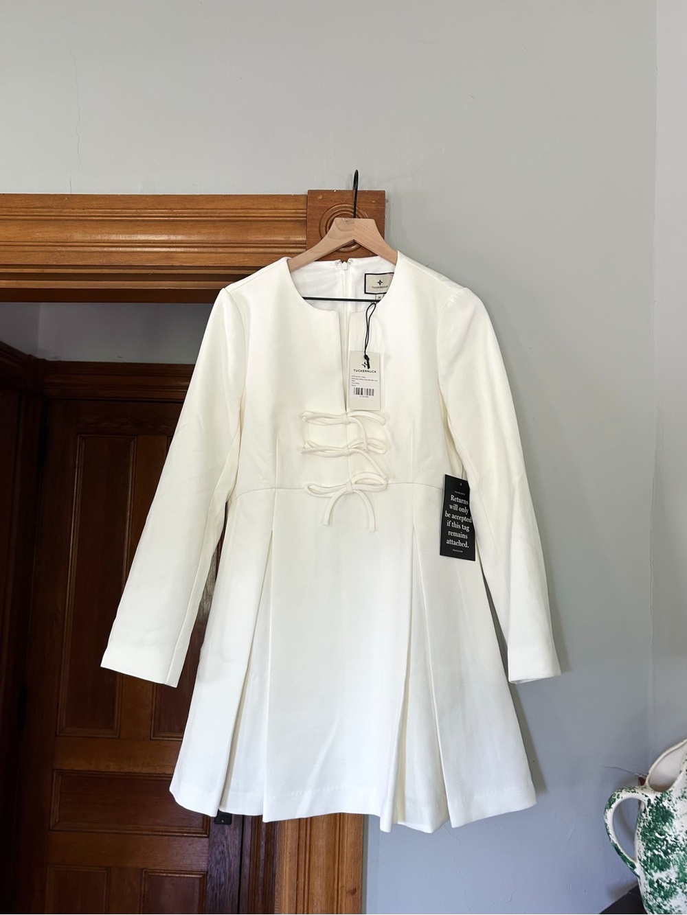 Tuckernuck Cream Long-Sleeve A-Line Dress with Front Ties